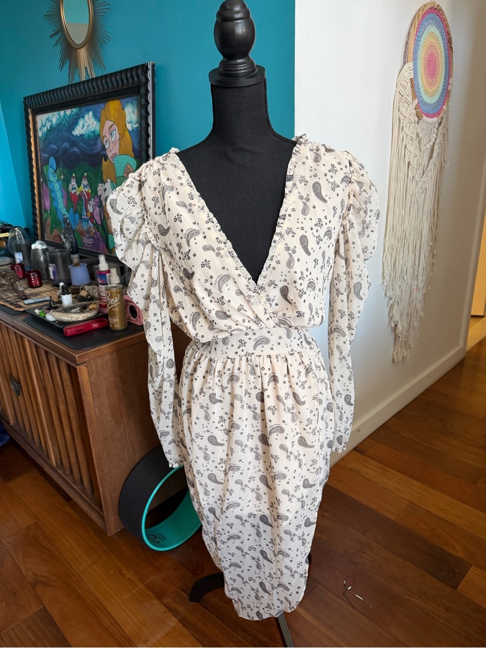 For Love & Lemons Cream Paisley V-Neck Midi Dress